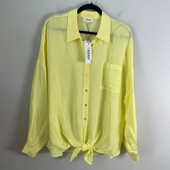 NEW L'Agence Large Talitha Tie Blouse Yellow Button Up Shirt Linen Blend Top - Picture 7 of 12